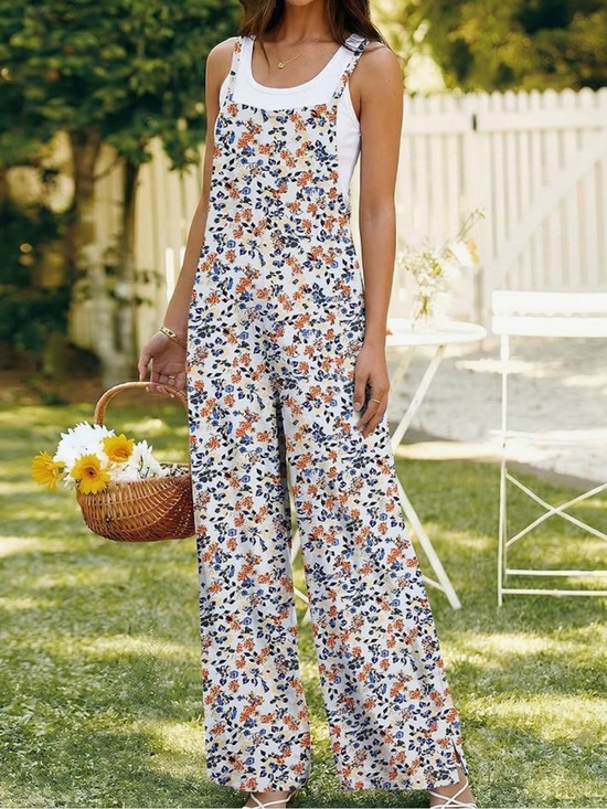 Pants - Floral Wide-Leg Overalls